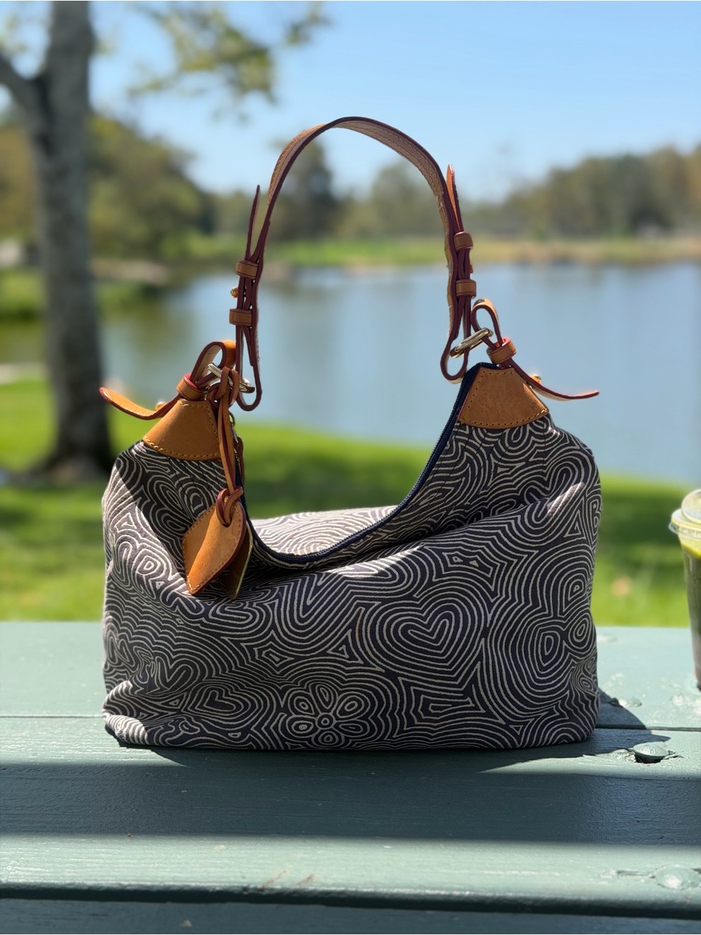 Vintage Dooney & Bourke Abstract Print Canvas Hobo Shoulder Bag